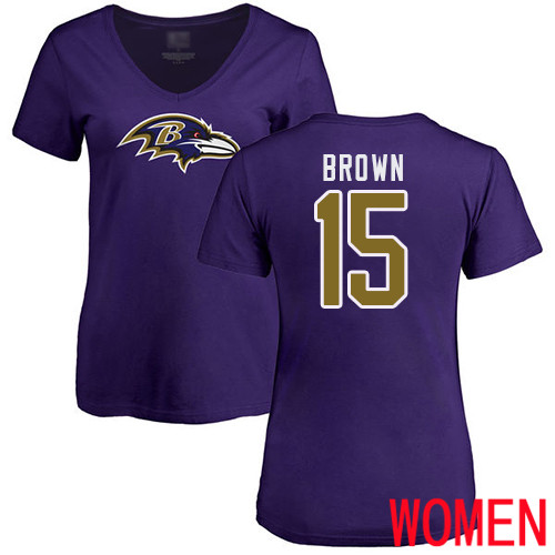 Baltimore Ravens Purple Women Marquise Brown Name and Number Logo NFL Football #15 T Shirt